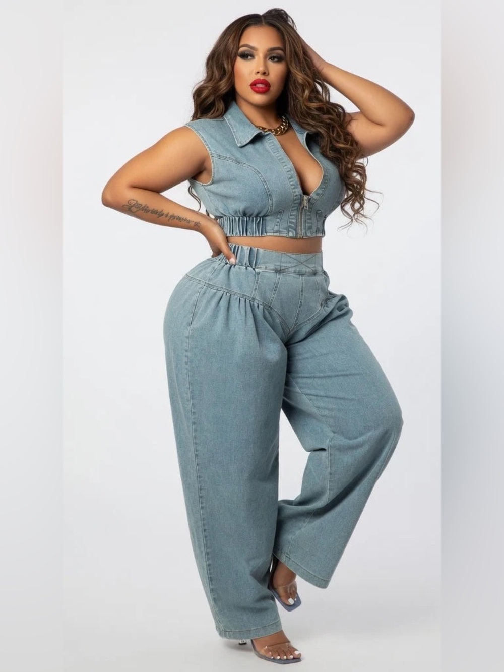 Denim Desire Two-Piece Wide-Leg Set